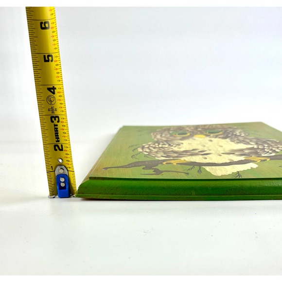 Vintage Owl Painting On Wood Green Background Sleepy Eyes Brown Feathers Signed - Picture 9 of 10